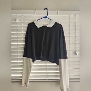 Black and White Cropped Collared Top XL